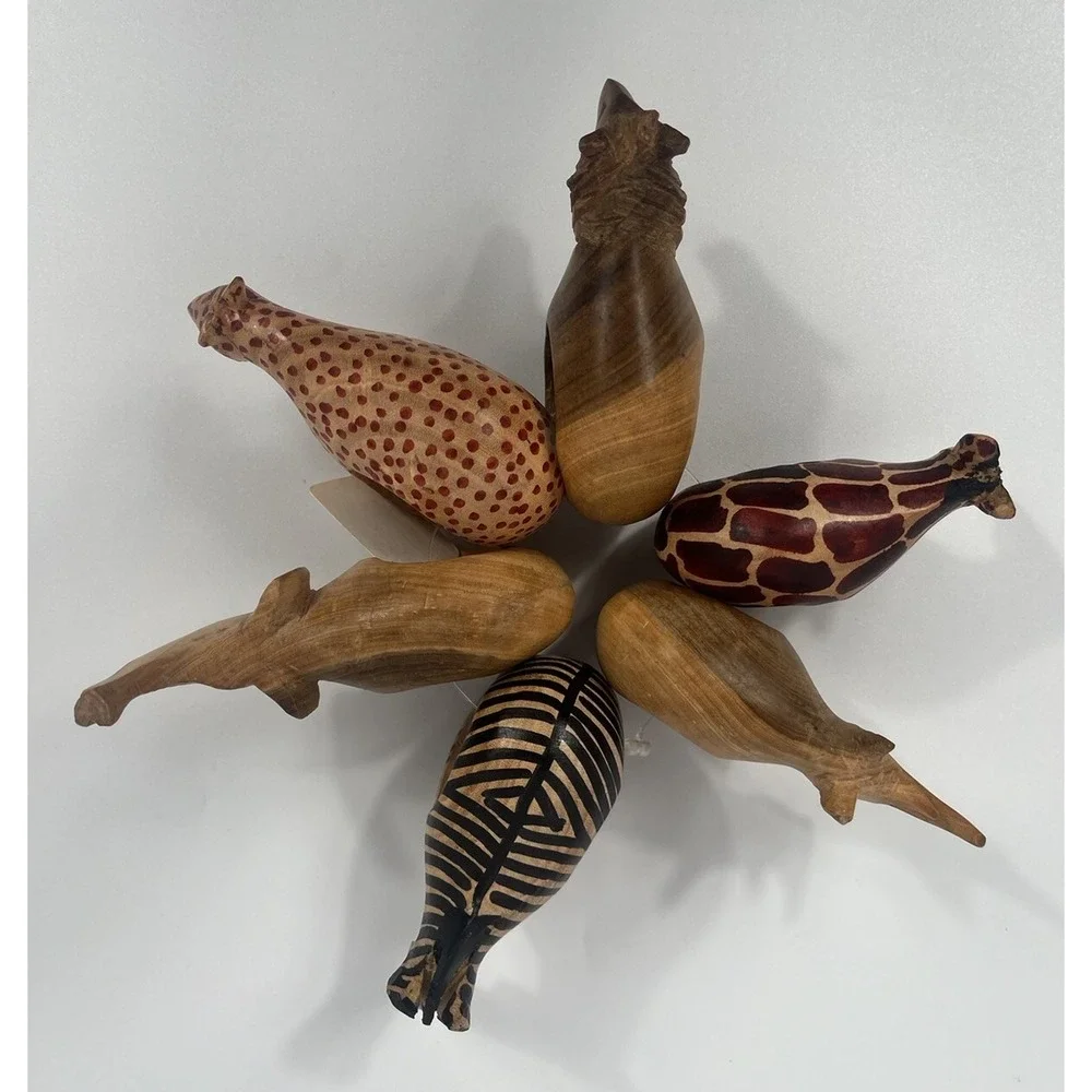 Hand Carved African Safari Animals Wood Napkin Rings Set of 6 Tribal Folk Art
